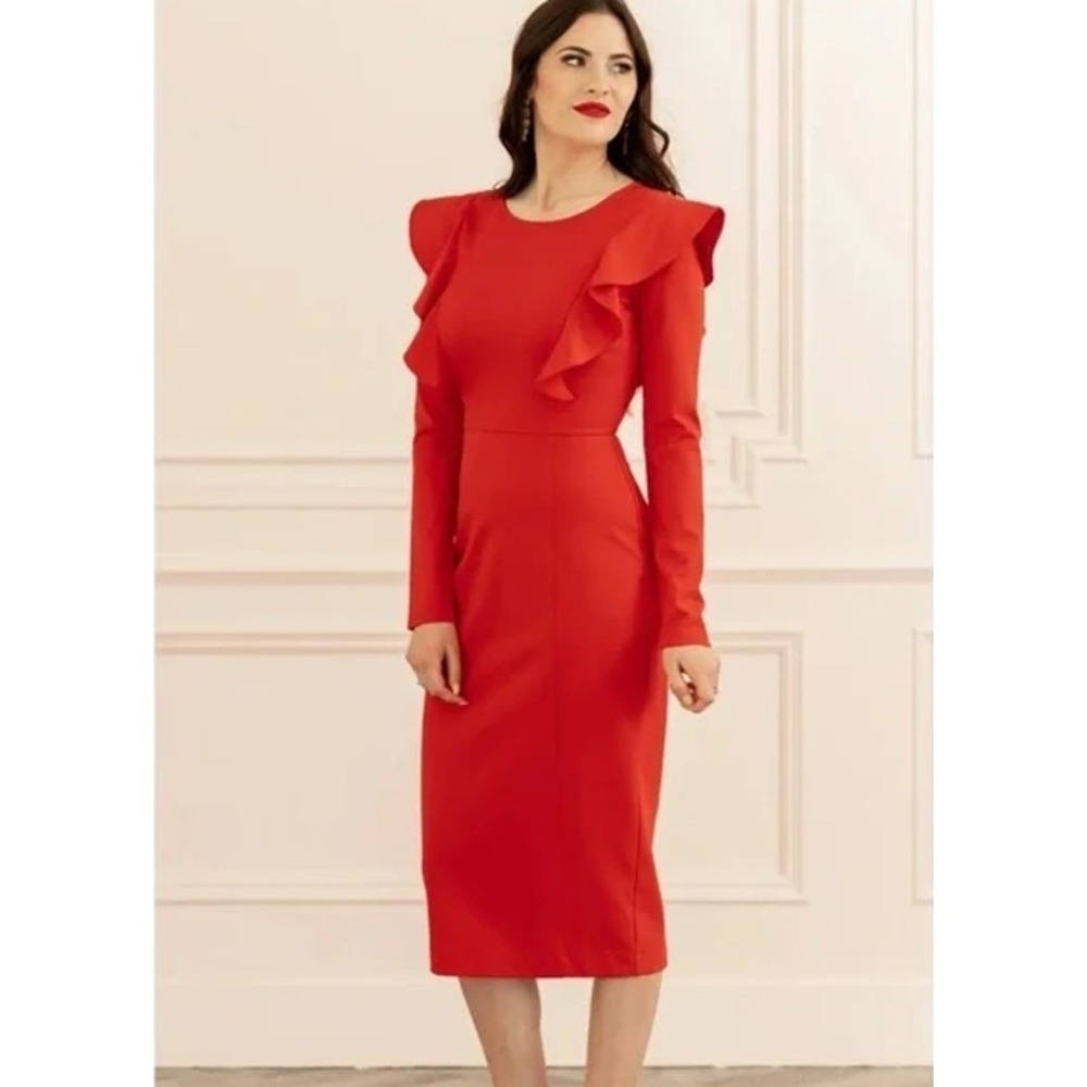 Rachel Parcell Ruffle Ponte Dress Womens Size XL Red Stretch Long Sleeve Career
